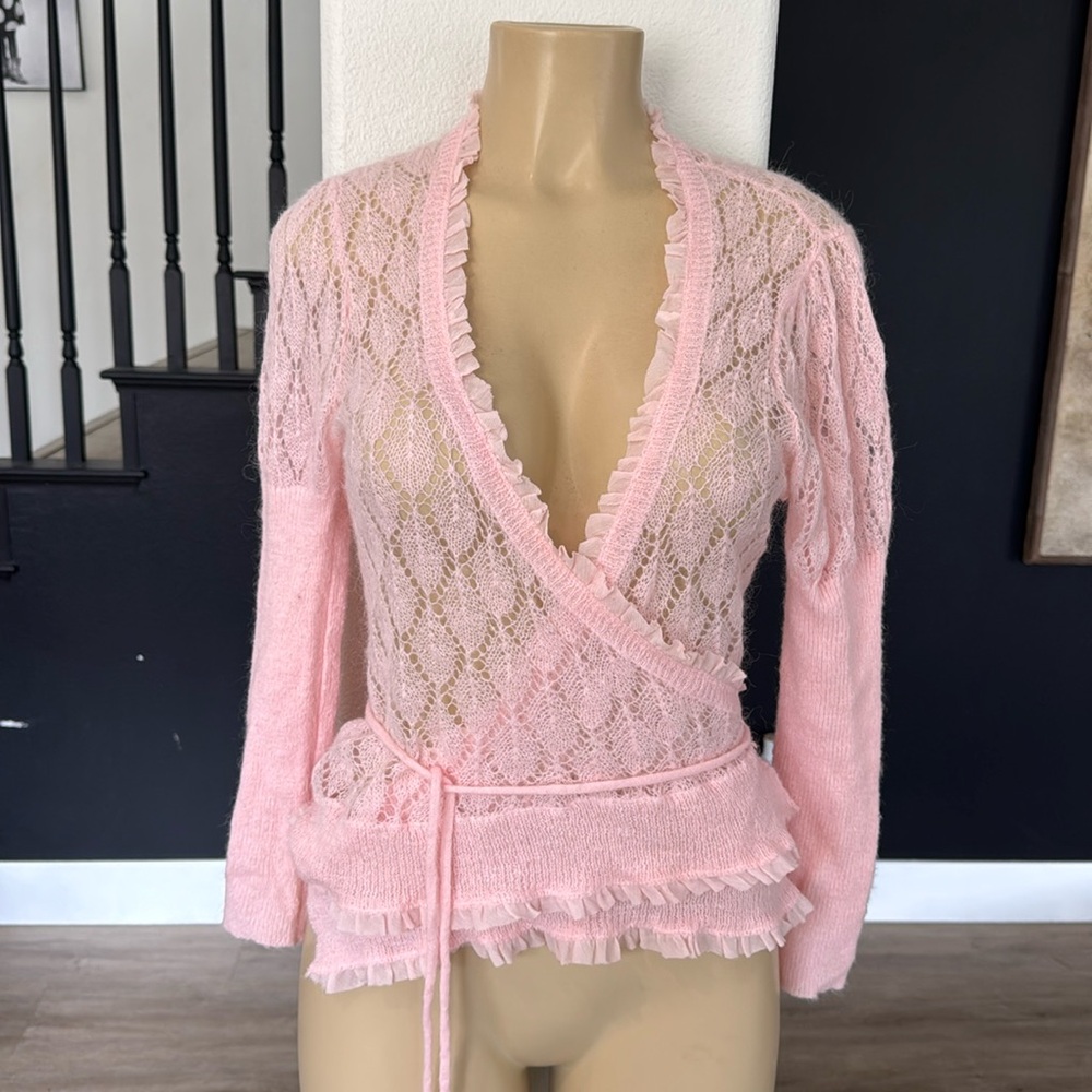 Vintage Y2k victoria secret angels crocheted wrap around sweater M/L